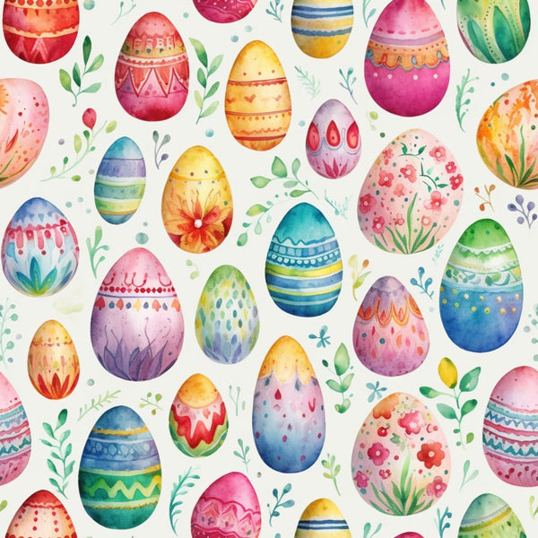 easter eggs, watercolor style, floral patterns, spring colors, pink, blue, green, yellow, orange, purple, decorative eggs, botanical elements, leaves, flowers, geometric designs, stripes, dots,, fabric panel, easter theme, pastel colors, vibrant hues, seamless pattern