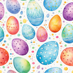 easter eggs, watercolor style, pastel colors, polka dots, geometric patterns, spring theme, holiday fabric,, fabric panel, colorful eggs, decorative eggs, festive design, easter celebration, soft pastels, painted eggs, egg hunt, springtime motif, whimsical illustration, easter decor, seasonal fabric