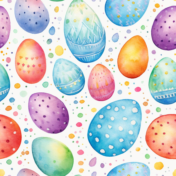 easter eggs, watercolor style, pastel colors, polka dots, geometric patterns, spring theme, holiday fabric,, fabric panel, colorful eggs, decorative eggs, festive design, easter celebration, soft pastels, painted eggs, egg hunt, springtime motif, whimsical illustration, easter decor, seasonal fabric