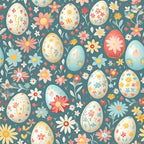 easter eggs, floral pattern, spring flowers, teal background, coral pink, soft yellow, cream white, light blue, decorative eggs, folk art style, whimsical design, botanical elements, daisies, small flowers, scattered pattern,, fabric panel, easter theme, spring seasonal, cheerful mood