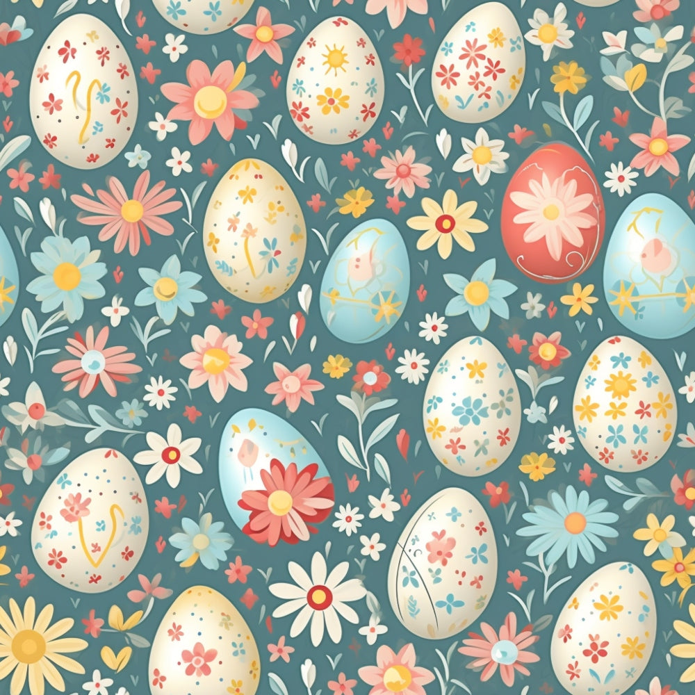 easter eggs, floral pattern, spring flowers, teal background, coral pink, soft yellow, cream white, light blue, decorative eggs, folk art style, whimsical design, botanical elements, daisies, small flowers, scattered pattern,, fabric panel, easter theme, spring seasonal, cheerful mood