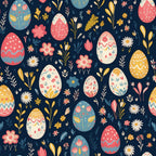 easter eggs, floral pattern, navy blue background, coral pink, mustard yellow, cream white, polka dots, zigzag patterns, spring flowers, daisies, tulips, botanical elements, folk art style, festive design,, fabric panel, seasonal motif, cheerful mood, decorative eggs, spring theme