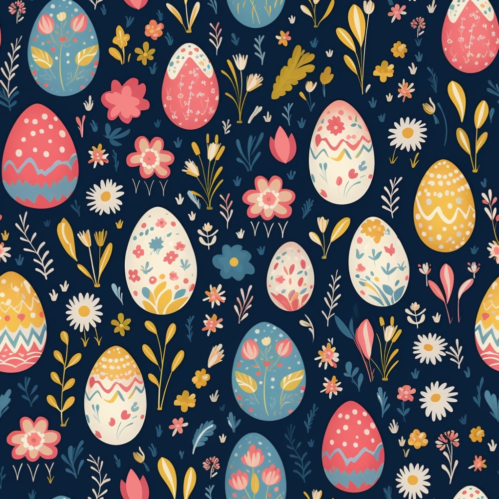 easter eggs, floral pattern, navy blue background, coral pink, mustard yellow, cream white, polka dots, zigzag patterns, spring flowers, daisies, tulips, botanical elements, folk art style, festive design,, fabric panel, seasonal motif, cheerful mood, decorative eggs, spring theme