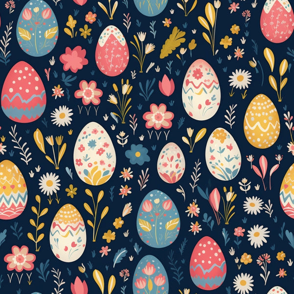 easter eggs, floral pattern, navy blue background, coral pink, mustard yellow, cream white, polka dots, zigzag patterns, spring flowers, daisies, tulips, botanical elements, folk art style, festive design,, fabric panel, seasonal motif, cheerful mood, decorative eggs, spring theme