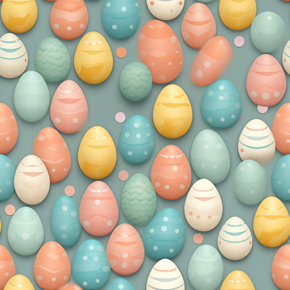 easter eggs, pastel colors, coral pink, turquoise blue, soft yellow, mint green, cream white, polka dots, striped pattern, zigzag design, scattered layout, spring theme, holiday motif,, fabric panel, cheerful mood, festive design, egg shapes, decorative pattern, seasonal fabric