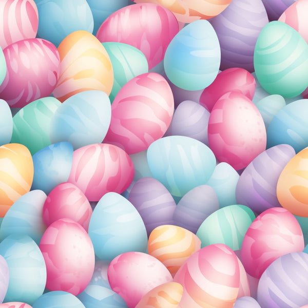easter eggs, pastel colors, pink eggs, blue eggs, purple eggs, mint green, peach orange, striped pattern, swirled design, overlapping eggs, spring theme, holiday motif,, fabric panel, soft pastels, egg collection, easter celebration, gentle gradients, seamless pattern, festive design