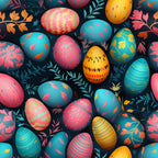 easter eggs, decorated eggs, spring pattern, turquoise, coral pink, golden yellow, navy background, floral motifs, leaves, botanical elements, geometric patterns, zigzag designs, striped eggs, dotted patterns,, fabric panel, easter theme, vibrant colors, festive design, seasonal fabric