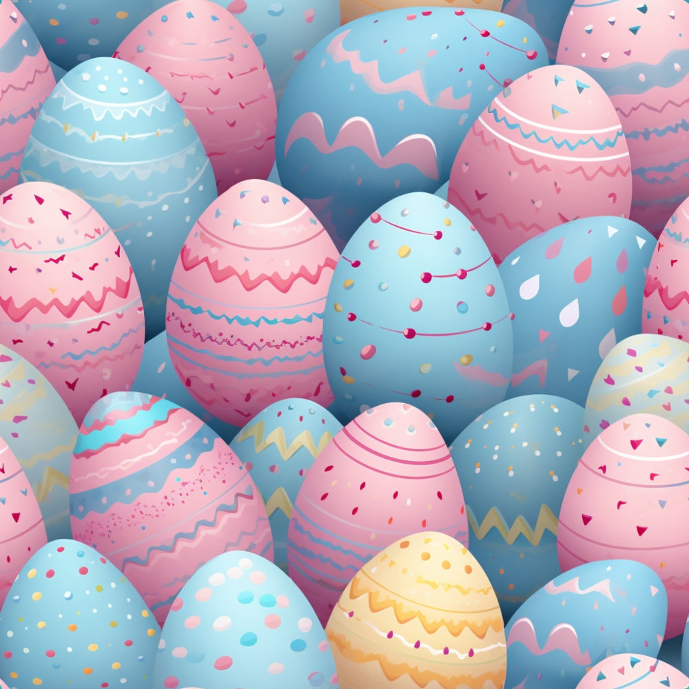 easter eggs, pastel colors, pink, blue, yellow, polka dots, zigzag patterns, wavy lines, decorative stripes, geometric designs, spring theme, holiday fabric,, fabric panel, festive pattern, soft pastels, egg shapes, whimsical style, cheerful mood, seasonal motifs