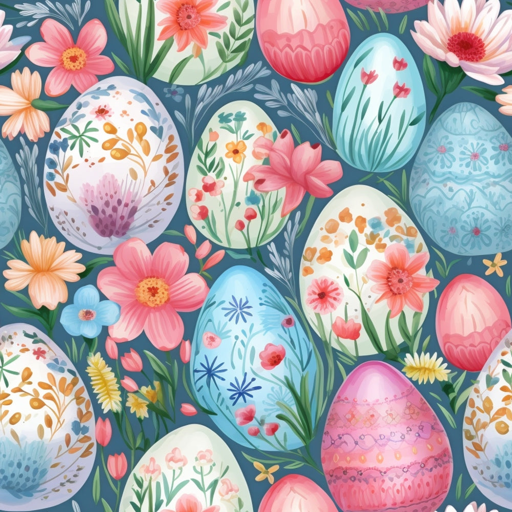 easter eggs, floral pattern, pink flowers, blue eggs, coral blooms, pastel colors, spring motifs, watercolor style,, fabric panel, botanical design, easter theme, decorative eggs, garden flowers, soft pastels, seamless repeat, cottagecore aesthetic, whimsical illustration, springtime celebration