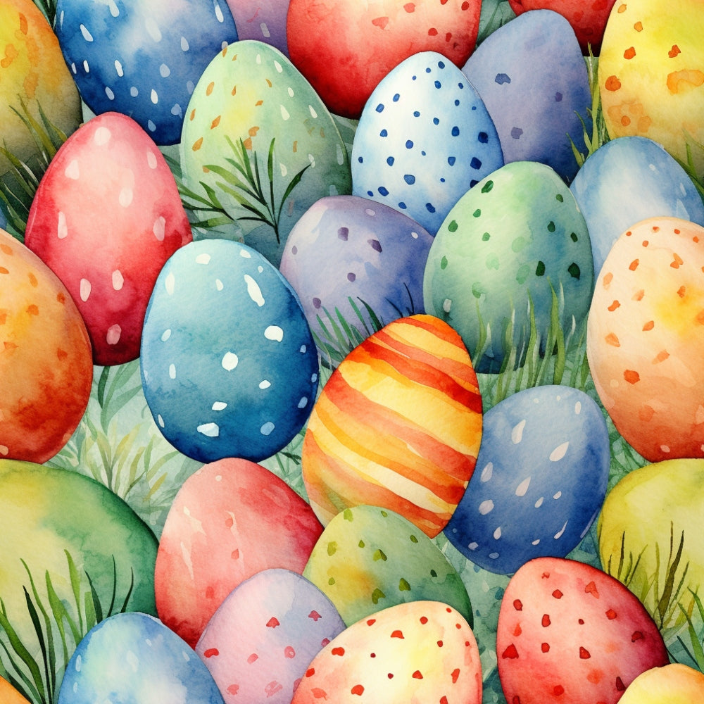 easter eggs, watercolor style, pastel colors, spring theme, polka dots, striped patterns,, fabric panel, pink eggs, blue eggs, yellow eggs, green eggs, purple eggs, orange eggs, spotted designs, grass accents, holiday fabric, soft pastels, decorative eggs, seamless pattern