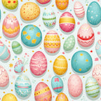easter eggs, spring pattern, pastel colors, pink eggs, blue eggs, yellow eggs, green eggs, floral designs, geometric patterns, polka dots, zigzag stripes, decorative motifs,, fabric panel, seasonal design, cheerful illustration, egg hunt theme, festive pattern, soft pastels, whimsical style