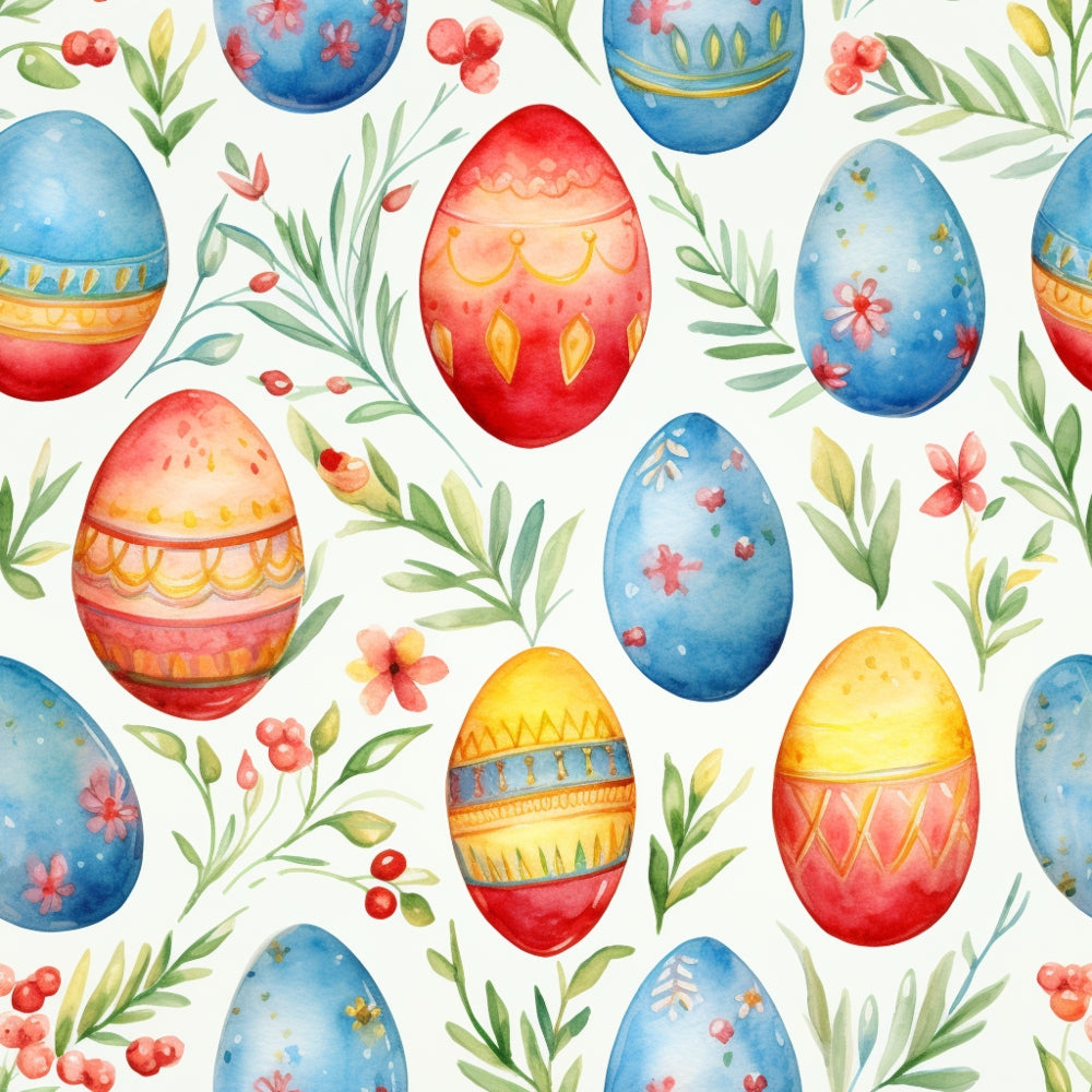 easter eggs, watercolor style, blue eggs, red eggs, yellow eggs, floral pattern, spring flowers, green leaves, botanical elements, decorative eggs, pastel colors,, seamless pattern, festive design, holiday fabric, artistic eggs, painted eggs, coral flowers, spring theme, fabric panel