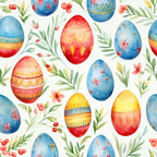 easter eggs, watercolor style, blue eggs, red eggs, yellow eggs, floral pattern, spring flowers, green leaves, botanical elements, decorative eggs, pastel colors,, seamless pattern, festive design, holiday fabric, artistic eggs, painted eggs, coral flowers, spring theme, fabric panel