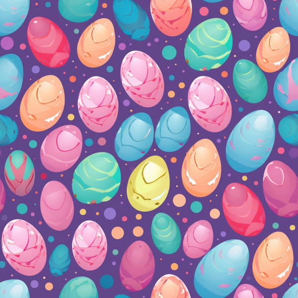 easter eggs, spring pattern, pastel colors, purple background, pink eggs, blue eggs, orange eggs, teal eggs, yellow eggs, polka dots, colorful circles, whimsical design, festive pattern,, fabric panel, seasonal motif, egg shapes, bright colors, cheerful mood, scattered design