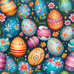 easter eggs, spring flowers, colorful patterns, teal background, orange eggs, pink flowers, purple eggs, floral motifs, decorative eggs,, fabric panel, easter theme, bright colors, whimsical design, seasonal fabric, craft supplies, sewing material, festive pattern, spring celebration, holiday fabric
