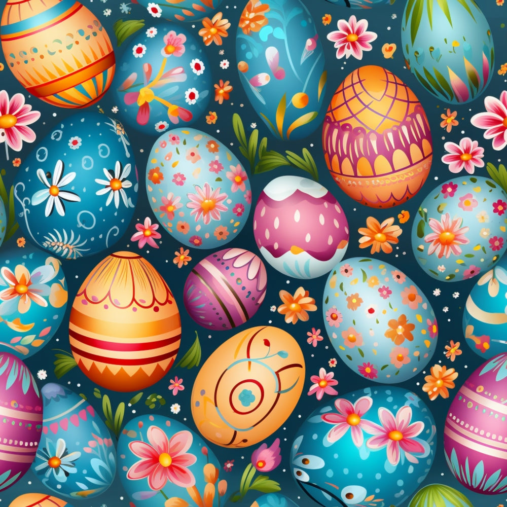 easter eggs, spring flowers, colorful patterns, teal background, orange eggs, pink flowers, purple eggs, floral motifs, decorative eggs,, fabric panel, easter theme, bright colors, whimsical design, seasonal fabric, craft supplies, sewing material, festive pattern, spring celebration, holiday fabric