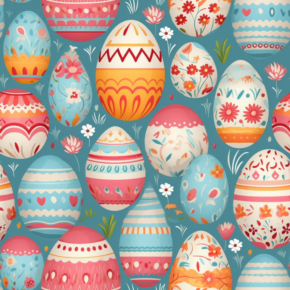 easter eggs, spring pattern, decorative eggs, floral motifs, geometric patterns, turquoise blue, coral pink, orange, cream, folk art style, festive design,, fabric panel, seasonal theme, whimsical illustration, dotted patterns, zigzag designs, flower decorations, cheerful colors, repetitive pattern