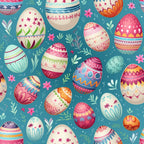 easter eggs, colorful eggs, decorated eggs, floral patterns, geometric designs, turquoise background, pink flowers, green leaves, spring motifs, festive pattern,, fabric panel, easter theme, pastel colors, bright colors, ornamental eggs, holiday fabric, seamless pattern, crafting material, seasonal design