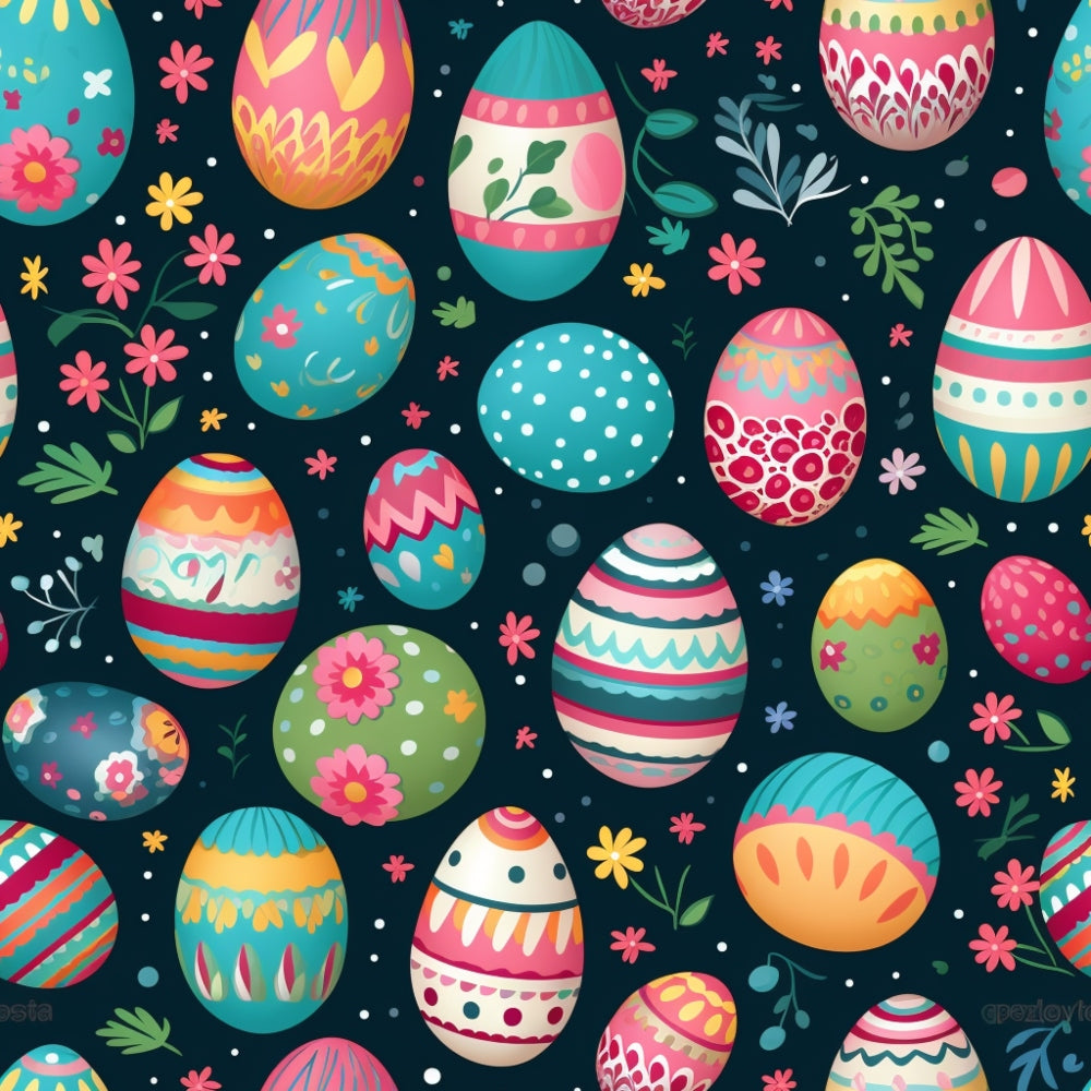 easter eggs, spring pattern, colorful eggs, floral motifs, turquoise background, pink flowers, yellow blooms, striped eggs, polka dot eggs, geometric patterns, decorative eggs, botanical elements, green leaves, coral pink, teal blue, lime green, orange accents,, fabric panel, festive design, whimsical style, easter theme, springtime colors