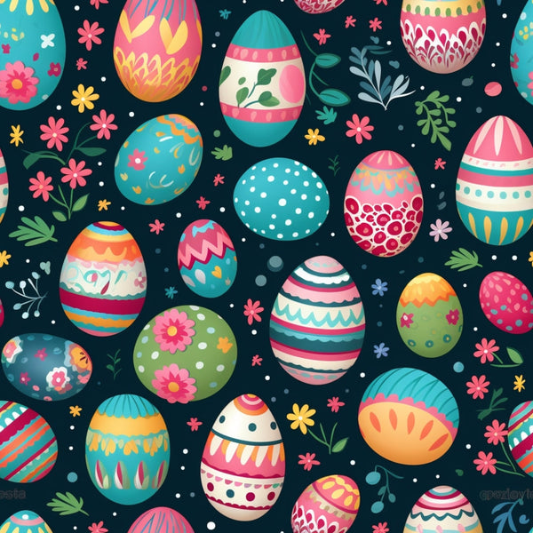 easter eggs, spring pattern, colorful eggs, floral motifs, turquoise background, pink flowers, yellow blooms, striped eggs, polka dot eggs, geometric patterns, decorative eggs, botanical elements, green leaves, coral pink, teal blue, lime green, orange accents,, fabric panel, festive design, whimsical style, easter theme, springtime colors