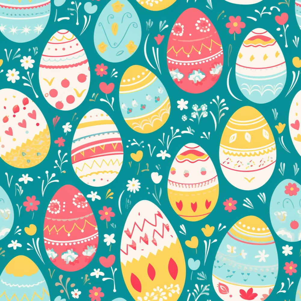 easter eggs,, fabric panel, teal background, coral pink, yellow, light blue, white, floral motifs, decorative patterns, geometric designs, zigzag stripes, polka dots, heart shapes, small flowers, spring theme, festive pattern, cute illustration, pastel colors, holiday fabric