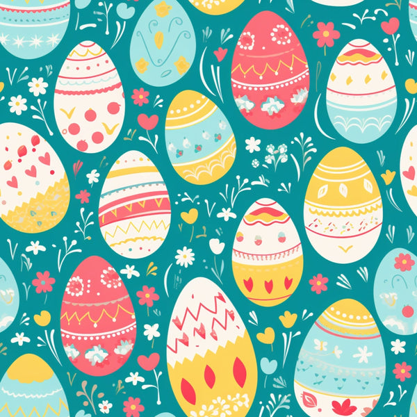 easter eggs,, fabric panel, teal background, coral pink, yellow, light blue, white, floral motifs, decorative patterns, geometric designs, zigzag stripes, polka dots, heart shapes, small flowers, spring theme, festive pattern, cute illustration, pastel colors, holiday fabric