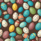 easter eggs, decorated eggs, turquoise, teal, pink, yellow, green, orange, cream, polka dots, stripes, wavy lines, festive pattern, spring theme, holiday fabric,, fabric panel, colorful design, egg hunt, easter celebration, brown background, scattered pattern
