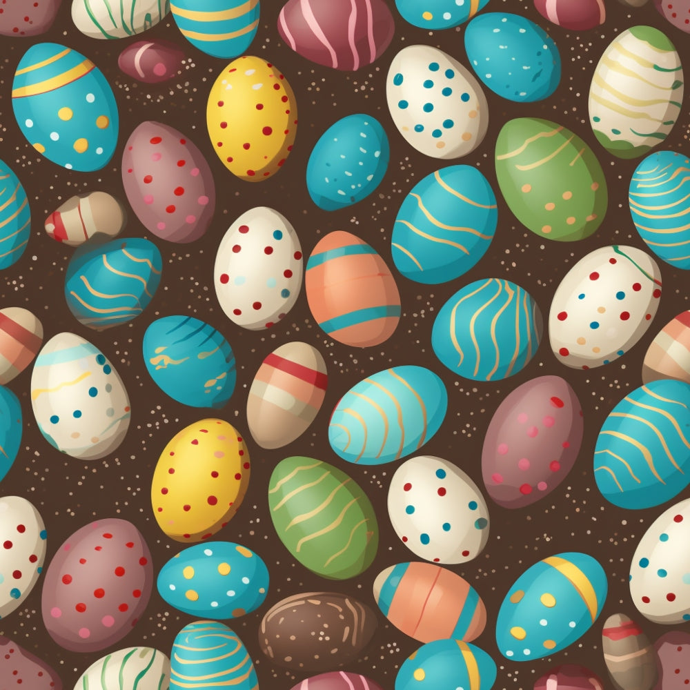 easter eggs, decorated eggs, turquoise, teal, pink, yellow, green, orange, cream, polka dots, stripes, wavy lines, festive pattern, spring theme, holiday fabric,, fabric panel, colorful design, egg hunt, easter celebration, brown background, scattered pattern
