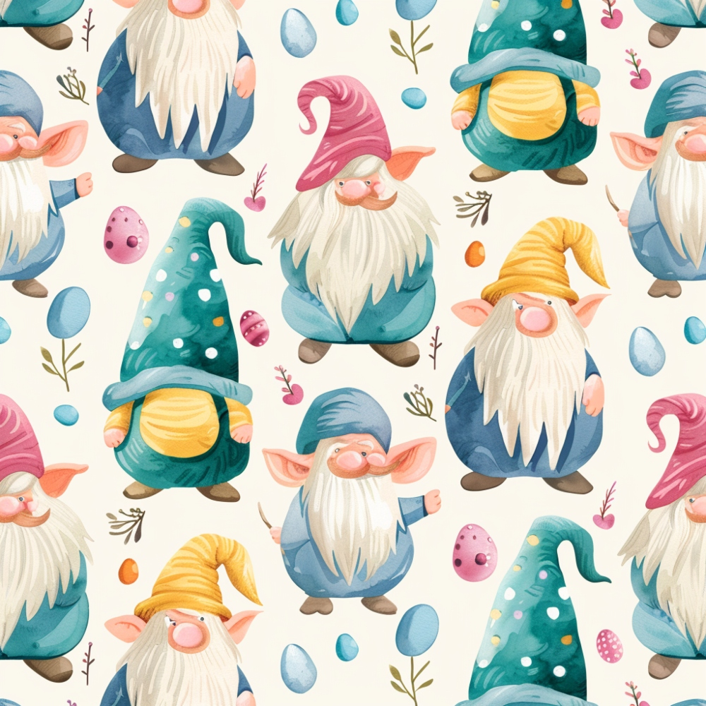 easter gnomes, spring pattern, watercolor style, whimsical characters, pastel colors, teal green, coral pink, yellow gold, cream background, pointed hats, white beards,, fabric panel, seasonal motifs, easter eggs, floral elements, repeating pattern, cute illustration, craft fabric, sewing material