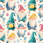easter gnomes, spring pattern, watercolor style, whimsical characters, pastel colors, teal green, coral pink, yellow gold, cream background, pointed hats, white beards,, fabric panel, seasonal motifs, easter eggs, floral elements, repeating pattern, cute illustration, craft fabric, sewing material