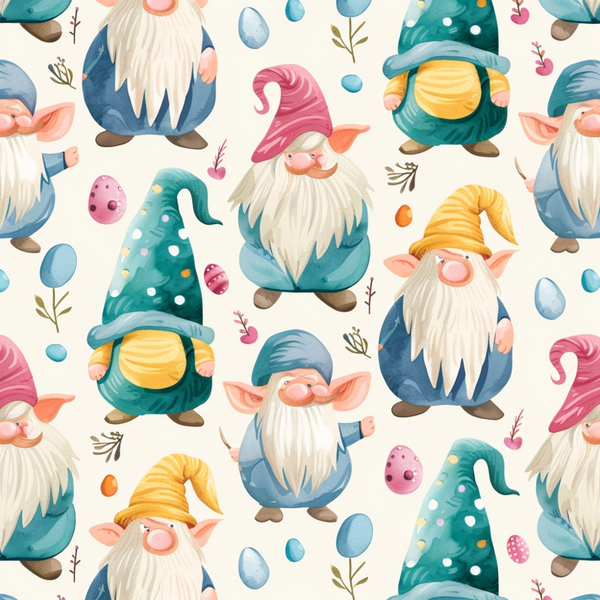 easter gnomes, spring pattern, watercolor style, whimsical characters, pastel colors, teal green, coral pink, yellow gold, cream background, pointed hats, white beards,, fabric panel, seasonal motifs, easter eggs, floral elements, repeating pattern, cute illustration, craft fabric, sewing material