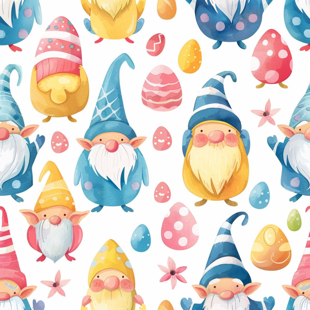 easter gnomes, watercolor style, pastel colors, pink eggs, blue hats, yellow beards, coral pink, turquoise blue, easter eggs, polka dots, whimsical characters, spring theme,, fabric panel, pointed hats, white beards, scattered pattern, holiday motif, cute gnomes, seasonal design