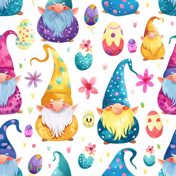 easter gnomes, whimsical gnomes, colorful eggs, spring flowers, pastel colors, bright pink, teal blue, yellow orange, purple violet, polka dots, fantasy characters, cute illustrations, seasonal motifs,, fabric panel, cheerful design, playful pattern, spring theme, easter celebration, cartoon style