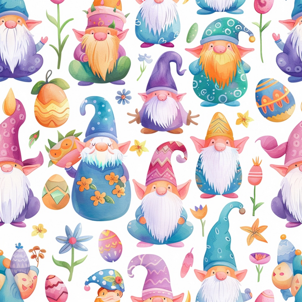 easter gnomes, spring pattern, pastel colors, purple, blue, orange, pink, green, whimsical characters, pointed hats, white beards, decorative eggs, spring flowers, tulips, cheerful design,, fabric panel, seasonal motifs, cute illustration, watercolor style, fantasy creatures