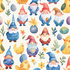 easter gnomes, spring gnomes, garden gnomes, colorful eggs, easter eggs, yellow chicks, baby chicks, spring flowers, daffodils, green leaves, botanical elements, blue pointed hats, red pointed hats, white beards, whimsical characters, pastel colors, soft watercolor,, fabric panel, easter theme, spring pattern, cute illustration