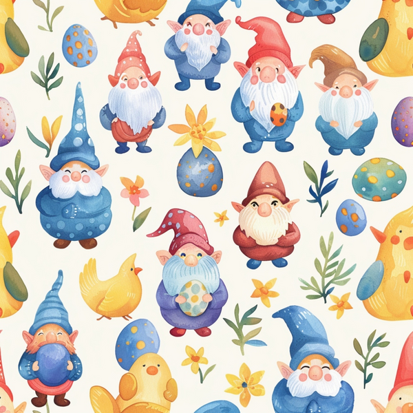 easter gnomes, spring gnomes, garden gnomes, colorful eggs, easter eggs, yellow chicks, baby chicks, spring flowers, daffodils, green leaves, botanical elements, blue pointed hats, red pointed hats, white beards, whimsical characters, pastel colors, soft watercolor,, fabric panel, easter theme, spring pattern, cute illustration