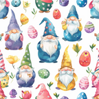 easter gnomes, spring pattern, watercolor style, colorful eggs, garden gnomes, purple hats, blue gnomes, yellow gnomes, pink eggs, green mushrooms, floral elements, whimsical characters, pastel colors,, fabric panel, easter theme, decorative eggs, bearded gnomes, springtime motifs, cute illustrations