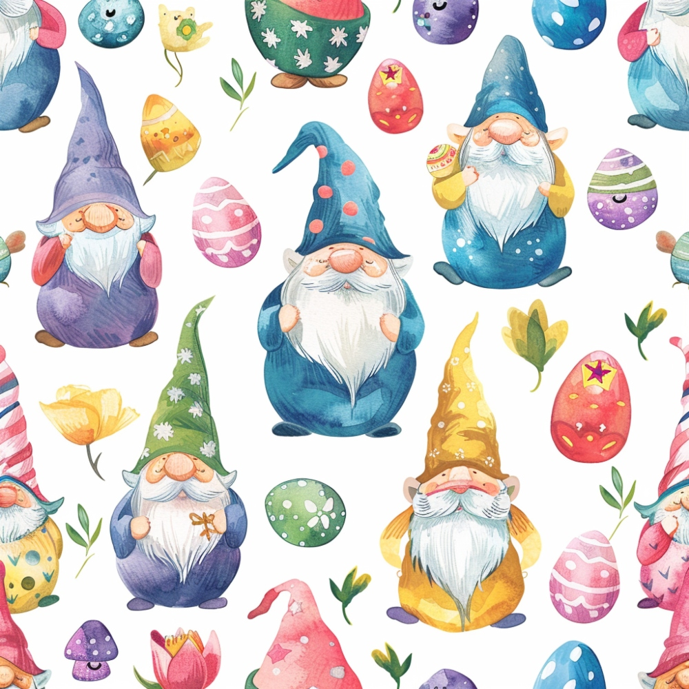 easter gnomes, spring pattern, watercolor style, colorful eggs, garden gnomes, purple hats, blue gnomes, yellow gnomes, pink eggs, green mushrooms, floral elements, whimsical characters, pastel colors,, fabric panel, easter theme, decorative eggs, bearded gnomes, springtime motifs, cute illustrations