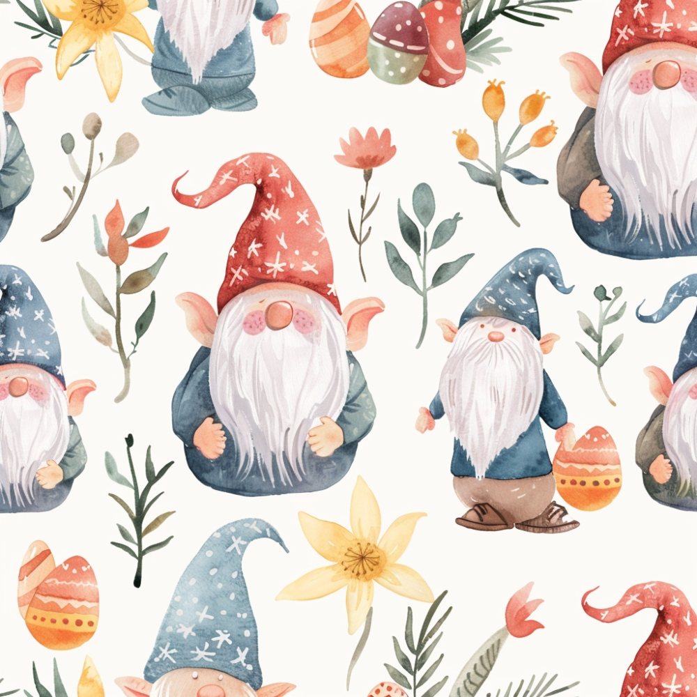 easter gnomes, watercolor style, coral red, dusty blue, sage green, yellow flowers, mushrooms, botanical elements, whimsical characters, pointed hats, white beards, spring florals,, fabric panel, seamless pattern, cute illustration, pastel colors, fantasy creatures, repeating motif