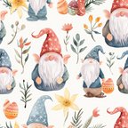 easter gnomes, watercolor style, coral red, dusty blue, sage green, yellow flowers, mushrooms, botanical elements, whimsical characters, pointed hats, white beards, spring florals,, fabric panel, seamless pattern, cute illustration, pastel colors, fantasy creatures, repeating motif