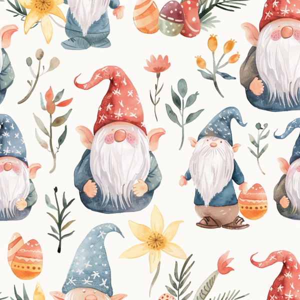 easter gnomes, watercolor style, coral red, dusty blue, sage green, yellow flowers, mushrooms, botanical elements, whimsical characters, pointed hats, white beards, spring florals,, fabric panel, seamless pattern, cute illustration, pastel colors, fantasy creatures, repeating motif