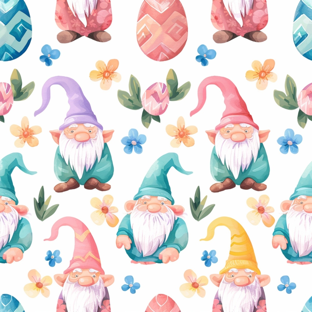 easter gnomes, spring gnomes, watercolor style, pastel colors, pink hats, blue hats, yellow hats, teal clothing, white beards, decorative eggs, small flowers, floral elements, whimsical characters, repeating pattern,, fabric panel, soft pastels, spring theme, easter decoration, cute illustration