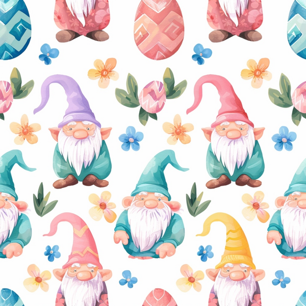 easter gnomes, spring gnomes, watercolor style, pastel colors, pink hats, blue hats, yellow hats, teal clothing, white beards, decorative eggs, small flowers, floral elements, whimsical characters, repeating pattern,, fabric panel, soft pastels, spring theme, easter decoration, cute illustration