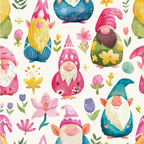easter gnomes, spring gnomes, watercolor style, pastel colors, pink hats, blue gnomes, teal caps, yellow beards, white beards, floral elements, spring flowers, tulips, daisies, botanical motifs, whimsical characters, cute illustration,, fabric panel, seamless pattern, garden gnomes, fairy tale creatures, soft pastels, cheerful mood