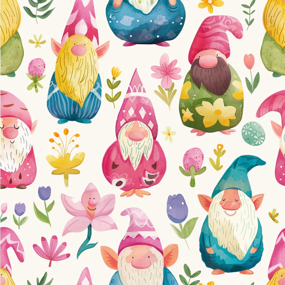 easter gnomes, spring gnomes, watercolor style, pastel colors, pink hats, blue gnomes, teal caps, yellow beards, white beards, floral elements, spring flowers, tulips, daisies, botanical motifs, whimsical characters, cute illustration,, fabric panel, seamless pattern, garden gnomes, fairy tale creatures, soft pastels, cheerful mood