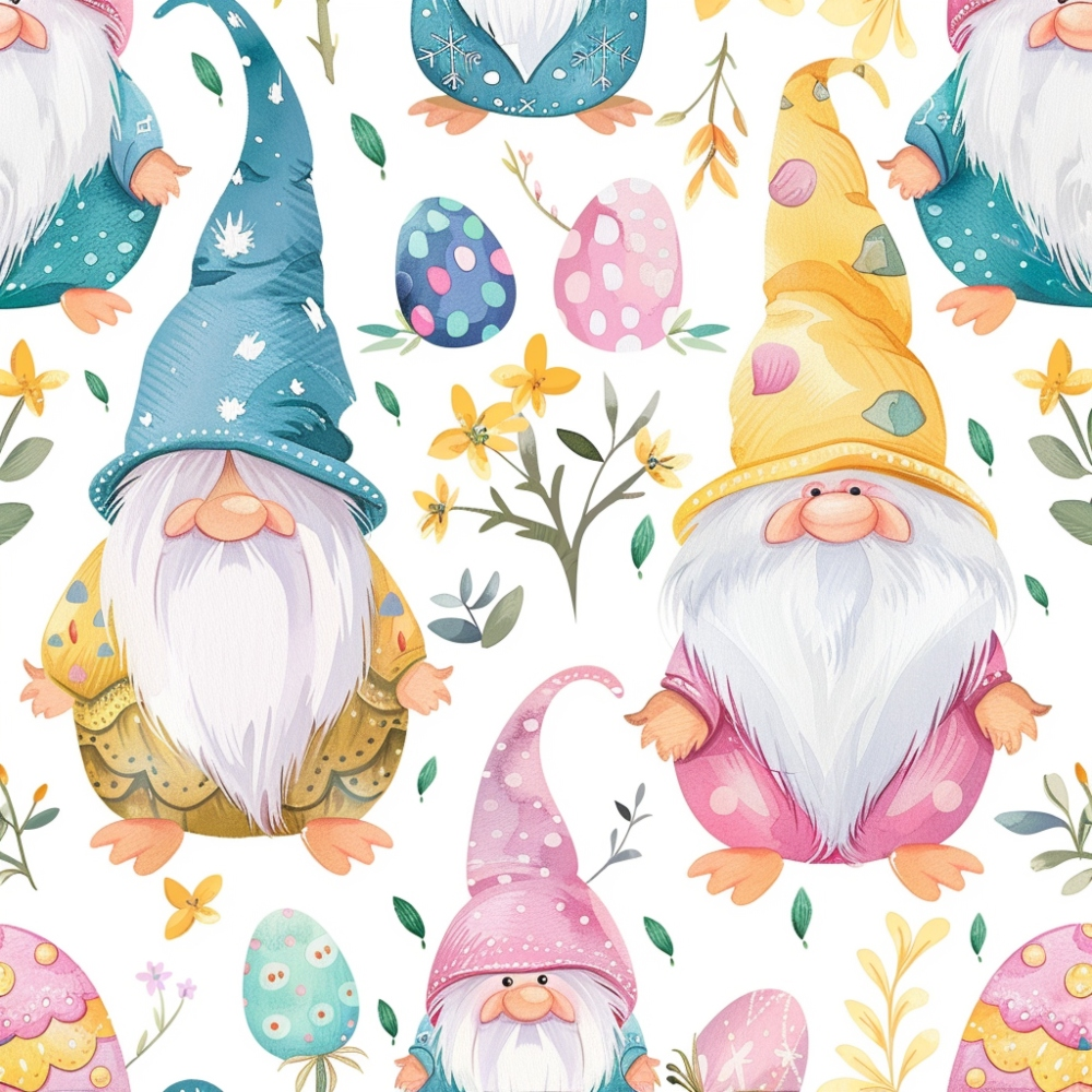 easter gnomes, spring pattern, pastel colors, teal blue, soft pink, golden yellow, lavender purple, mint green, whimsical characters, pointed hats, white beards, decorative eggs, floral elements, leaves branches, polka dots, watercolor style,, fabric panel, seasonal motif, cheerful design, repetitive pattern