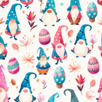 easter gnomes, spring pattern, teal blue, coral pink, white background, whimsical characters, pointy hats, long beards, easter eggs, decorative eggs, floral elements, leaves, stars,, fabric panel, cheerful design, pastel colors, seasonal motifs, cute illustrations, repeating pattern