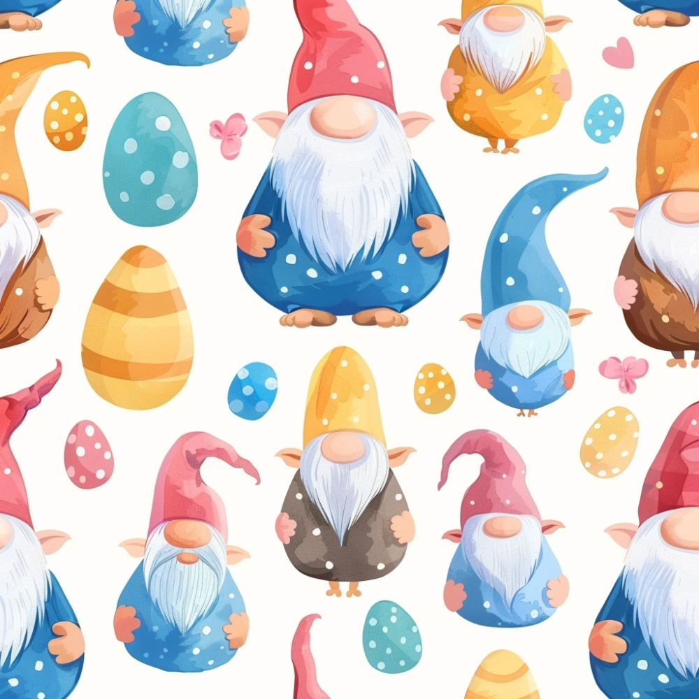 easter gnomes, spring pattern, pastel colors, blue gnomes, pink gnomes, yellow gnomes, white beards, pointed hats, easter eggs, polka dots, striped eggs,, fabric panel, whimsical characters, seasonal design, soft pastels, repeating pattern, spring theme, craft fabric, sewing material