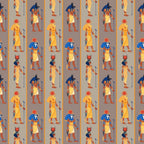 egyptian gods, ancient figures, hieroglyphs, repeating pattern, orange stripes, blue headdresses, yellow garments, tan background, cultural motifs, mythology, pharaoh figures, ankh symbols, staffs, vertical stripes,, fabric panel, historical theme, desert colors, earth tones, geometric layout
