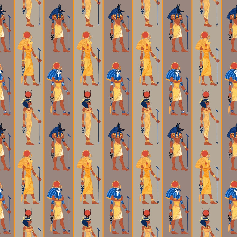 egyptian gods, ancient figures, hieroglyphs, repeating pattern, orange stripes, blue headdresses, yellow garments, tan background, cultural motifs, mythology, pharaoh figures, ankh symbols, staffs, vertical stripes,, fabric panel, historical theme, desert colors, earth tones, geometric layout